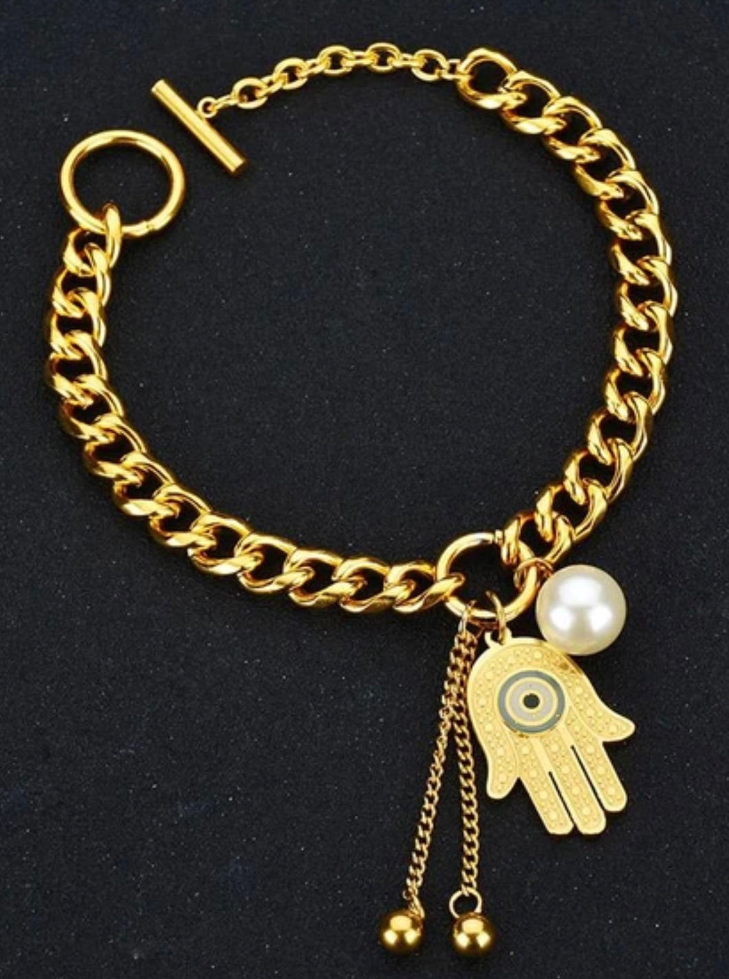 14k Gold Plated Hamsa Hand/ Evil Eye bracelet with pearl